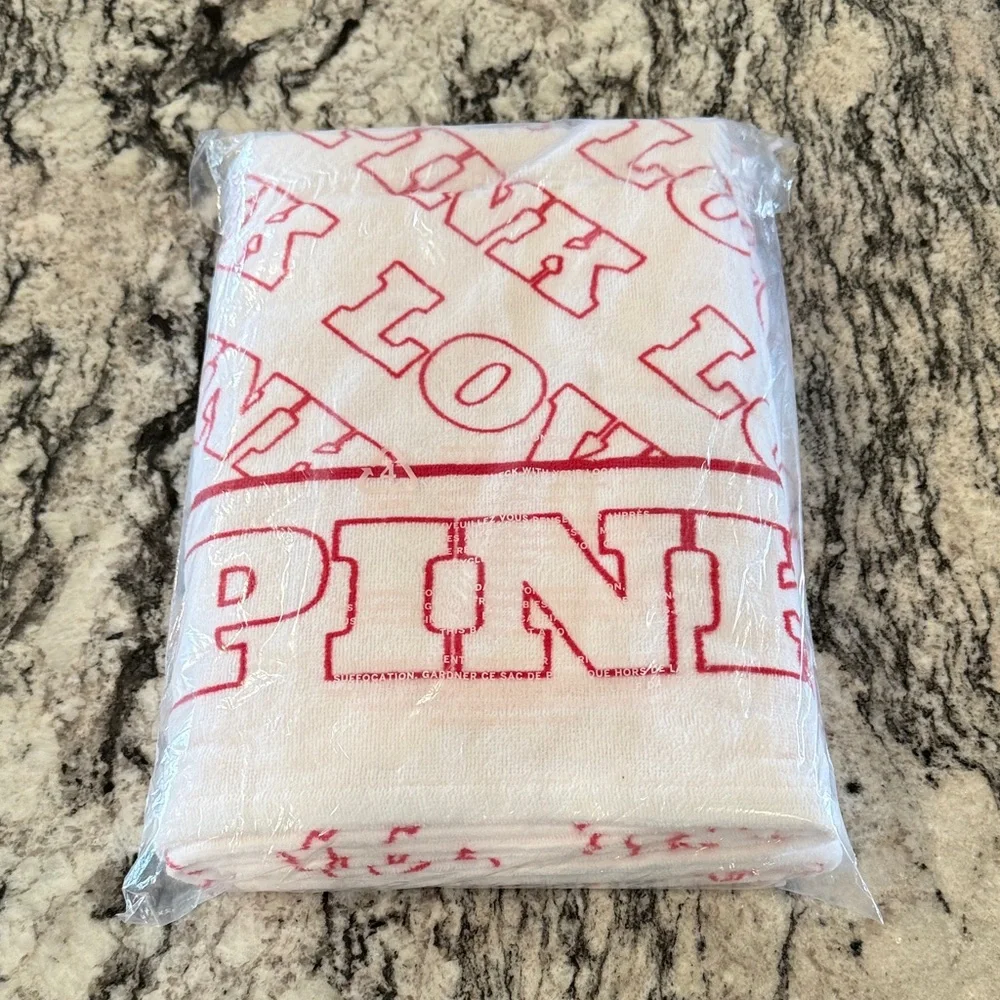 PINK Victoria's Secret White Beach Towel with Hot Pink Logo Print